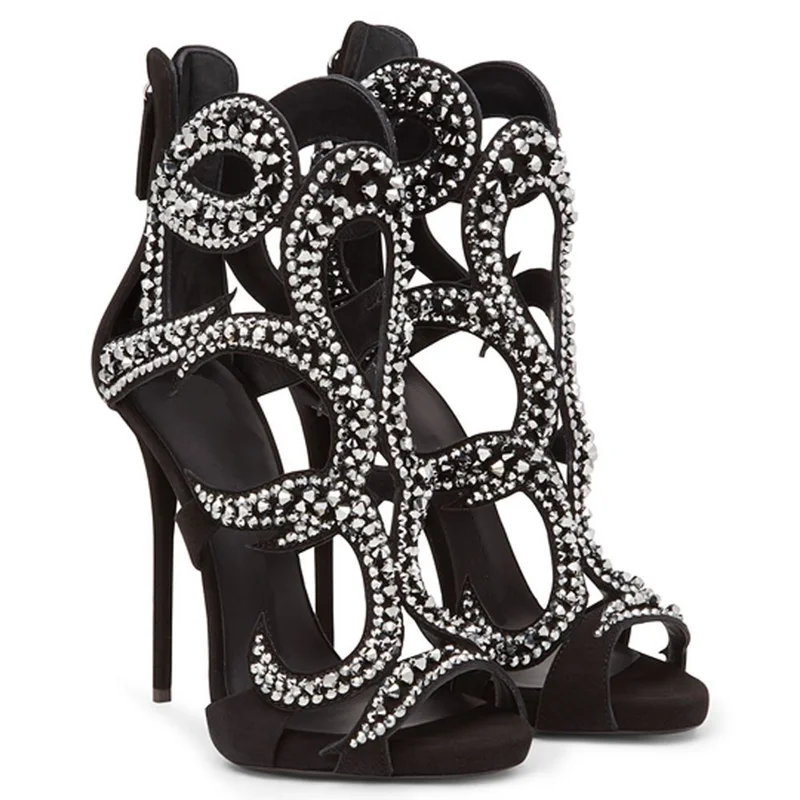 Women Shoes Zipper - Sandálias Stiletto Brilhantes com Cristais em